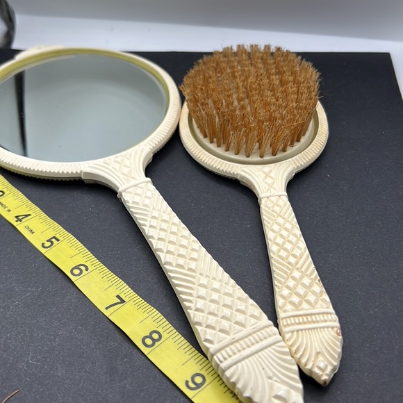 Vintage French ivory celluloid vanity mirror and brush set - Picture 5 of 7